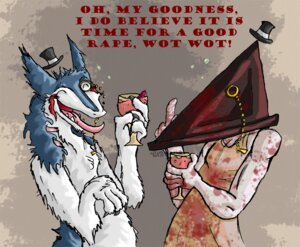 Rating: Questionable Score: 0 Tags: anthro blood bodily_fluids british claws clothing crossover cultured duo e621 english_text eyewear female for_a_head fur hat headgear headwear holding_glass holding_object humanoid humor konami male mammal markings monocle monster monstrous_humanoid object_head pyramid_head raep_party rain_silves seaweedprincess sergal silent_hill terribly_british text top_hat white_body white_fur User: bunchy7s