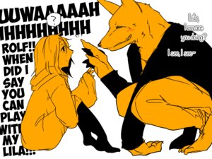 Rating: Safe Score: 0 Tags: 4:3 anthro blush canid canine canis clothing comic crouching dialogue duo e621 english_text female footwear fur hair hard_translated human kemono knee_highs knee_socks legwear lila_(kashiwagi_aki) male mammal rolf short_hair sitting smile socks text third-party_edit translated translation_edit wolf yakantuzura young zinovy User: bunchy7s
