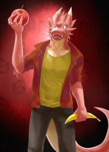 Rating: Safe Score: 0 Tags: 5_fingers anthro apple banana bottomwear claws clothed clothing dragon dragon_fruit e621 fingers food front_view fruit fully_clothed holding_food holding_object horn looking_at_viewer male mythological_creature mythological_scalie mythology open_mouth pants plant red_background red_body red_eyes scalie shirt simple_background sky_gomi solo standing tail teeth topwear User: bunchy7s