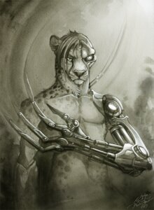 Rating: Safe Score: 0 Tags: alectorfencer anthro cheetah cybernetics cyborg e621 felid feline front_view frown fur greyscale hair looking_at_viewer machine male mammal monochrome nude short_hair solo spots User: bunchy7s