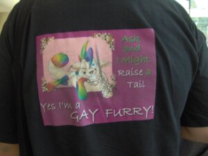 Rating: Questionable Score: 0 Tags: 4:3 clothing e621 english_text furry_lifestyle grandfathered_content human male male_human mammal real shirt solo text topwear unknown_artist what User: bunchy7s