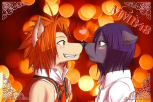 Rating: Safe Score: 0 Tags: 3:2 abstract_background accessory anthro blush canid canine clothed clothing collared_shirt dress_shirt duo e621 eye_contact fur green_eyes hair heart_symbol looking_at_another male male/male mammal necktie nose_to_nose open_mouth orange_hair purple_hair shirt short_hair side_view smile topwear tragedy-wolf vest yellow_eyes User: bunchy7s