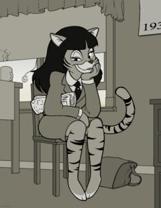 Rating: Safe Score: 0 Tags: 1930s_theme 2003 3_toes 4_fingers accessory aikon anthro arm_support bag barefoot business_suit chair clothed clothing coffee_mug dated disney e621 feet felid female fingers fully_clothed furniture greyscale hand_under_chin harmond_(talespin) hindpaw holding_chin inside leaning_on_elbow mammal monochrome necktie newspaper on_chair open_window pantherine paws rolled_up_newspaper sitting sitting_on_chair smile smiling_at_viewer solo suit tail talespin tiger toes window window_shade User: bunchy7s