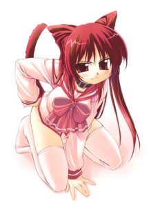 Rating: Questionable Score: 0 Tags: bakutendo bottomless clothed clothing collar e621 felid female hair kousaka_tamaki legwear looking_at_viewer mammal red_eyes red_hair school_uniform simple_background smile solo tail thigh_highs to_heart_2 uniform white_background User: bunchy7s