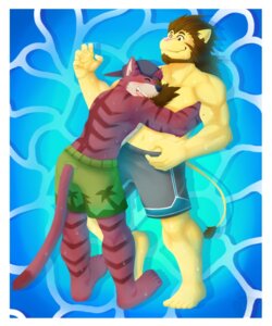 Rating: Safe Score: 0 Tags: 5:6 anthro beard chest_tuft clothed clothing daizfrg domestic_cat duo e621 facial_hair felid feline felis fur hat headgear headwear hug lion male mammal palm_tree pantherine plant stripes swimwear tail tail_tuft topless tree tuft wet User: bunchy7s