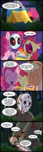 Rating: Questionable Score: 0 Tags: 2014 accessory apple_bloom_(mlp) applejack_(mlp) blonde_hair blood bodily_fluids bow_(feature) bow_accessory bow_ribbon clothing comic cowboy_hat detailed_background dialogue e621 earth_pony english_text equid equine female fire forest freckles friendship_is_magic hair hair_accessory hair_bow hair_ribbon hasbro hat headgear headwear hi_res hockey_mask horse knife madmax mammal mask my_little_pony outside pink_hair pinkie_pie_(mlp) plant pony red_eyes red_hair ribbons smoke sports_mask sportswear tent text tree User: bunchy7s