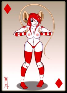 Rating: Questionable Score: 0 Tags: ace_of_diamonds anthro arm_warmers armwear black_border border breasts camel_toe card card_template clothed clothing diamond_tattoo diamonds_(suit) e621 ear_piercing female galacticmichi hair hi_res holding_card holding_object holding_single_card house_mouse legwear mammal mouse murid murine nipples panties pattern_armwear pattern_clothing piercing playing_card playing_card_template red_eyes red_hair rodent solo stockings striped_armwear striped_clothing stripes suit_symbol tattoo tight_clothing topless underwear User: bunchy7s