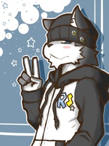 Rating: Safe Score: 0 Tags: 5_fingers abstract_background anthro badge beanie blue_eyes blush canid canine canis clothed clothing e621 fingers fur furgonomics gesture grey_body grey_fur hand_gesture hand_in_pocket hat headgear headwear inner_ear_fluff jacket looking_aside looking_at_viewer male mammal otoutama outline pockets side_view solo toony topwear tuft v_sign white_body white_fur wolf User: bunchy7s