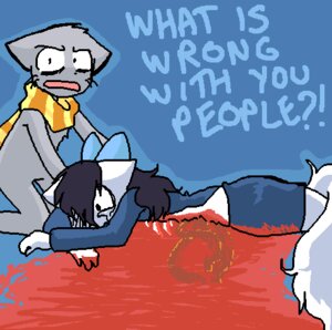 Rating: Explicit Score: 0 Tags: accessory aliasing anthro asking asking_viewer biped bittersweet_candy_bowl black_hair blood blood_on_body blood_on_clothing blood_on_hand blood_puddle bloody_hand blue_background blue_bottomwear blue_bow blue_clothing blue_outfit blue_ribbon blue_shirt blue_skirt blue_text blue_topwear bodily_fluids bottomwear bow_(feature) bow_accessory bow_ribbon brown_clothing brown_scarf clothed clothing corpse crossed_arms dark_hair death dialogue digital_media_(artwork) disembowelment domestic_cat duo e621 english_text featureless_crotch felid feline felis female fluffy fluffy_tail fully_clothed fur gore grey_body grey_ears grey_face grey_fur guts hair hair_accessory hair_bow hair_ribbon interrobang intestines korat_cat looking_at_viewer low_res lying male mammal microsoft_paint_(artwork) mike_(bcb) monotone_body monotone_bottomwear monotone_clothing monotone_face monotone_fur monotone_hair monotone_shirt monotone_skirt monotone_topwear mostly_nude multicolored_clothing multicolored_scarf on_front organs pattern_clothing pattern_scarf pupils_only question rant rib_cage ribbons ribs sandy_(bcb) scarf scarf_only shirt simple_background skirt snuff striped_clothing striped_scarf stripes taeshi_(artist) tail talking_to_viewer tears text topwear two_tone_clothing two_tone_scarf white_body white_ears white_fur white_tail wounded yellow_clothing yellow_scarf User: bunchy7s