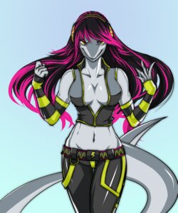 Rating: Safe Score: 0 Tags: 5:6 alternative_fashion anthro aquatic belt biped breasts cleavage clothed clothing cyberpop e621 electronics female fish green_eyes grin hair headphones j-fashion lapfox_trax long_hair mayhem_(renard) midriff multicolored_hair non-mammal_breasts pose shark smile solo standing suguro tail thigh_gap User: bunchy7s