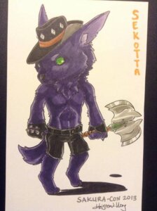 Rating: Safe Score: 0 Tags: 2013 anthro axe battle_axe belt black_bottomwear black_clothing black_handwear black_headwear bottomwear canid canine canis cestus character_badge_(artwork) chibi clothed clothing cowboy double_bitted_axe e621 fantasy_weapon fingerless_gloves fur gloves green_sclera handwear hat headgear headwear holding_object holding_weapon labrys male mammal marker_(artwork) melee_weapon purple_body purple_fur sekotta short_legs shorts signature solo tail topless traditional_media_(artwork) unknown_artist unknown_artist_signature weapon wolf User: bunchy7s