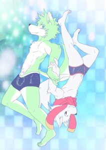 Rating: Questionable Score: 0 Tags: anthro athletic basil_(pixiv) blue_eyes canid canine canis clothed clothing duo e621 fur green_body green_fur looking_at_viewer male mammal pose scarf topless underwear white_body white_fur wolf 木 User: bunchy7s