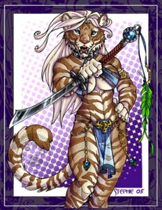Rating: Questionable Score: 0 Tags: 2005 abstract_background anthro blue_eyes bottomwear breasts brown_body brown_fur brown_stripes cleavage clothed clothing collar cybercat e621 felid female fur hair hand_on_hip loincloth looking_at_viewer mammal markings melee_weapon midriff pantherine solo striped_markings striped_tail stripes sword tail tail_markings tiger translucent translucent_clothing translucent_loincloth warrior weapon white_body white_fur white_hair User: bunchy7s