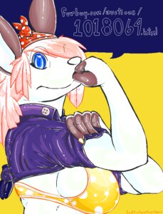 Rating: Safe Score: 0 Tags: 'roo-drip' anthro big_breasts blue_eyes bra breasts clothing e621 english_text female fur hair herro j_howard_miller kangaroo macropod mammal marsupial pink_hair poster poster_template rosie_the_riveter side_boob simple_background solo text underwear we_can_do_it! white_body white_fur yellow_background User: bunchy7s