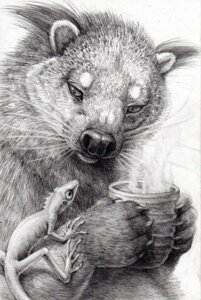 Rating: Safe Score: 0 Tags: 2008 ambiguous_gender anthro beverage binturong claws container cup duo e621 ear_tuft feral finger_claws fur graphite_(artwork) green_crested_lizard greyscale hibbary holding_beverage holding_container holding_cup holding_mug holding_object lizard looking_down looking_down_at_another mammal monochrome mug reptile scalie shaded size_difference snout steam tail tea traditional_media_(artwork) tuft viverrid whiskers User: bunchy7s