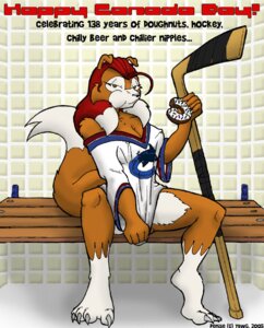 Rating: Questionable Score: 0 Tags: 2005 anthro bench biped canada canid canine canis claws clothing covering covering_self denise_(yawg) dipstick_tail domestic_dog e621 eating english_text female food hockey_jersey hockey_stick jersey looking_at_viewer mammal markings nhl on_bench shirt sitting solo sport tail tail_markings text topwear vancouver_canucks yawg User: bunchy7s