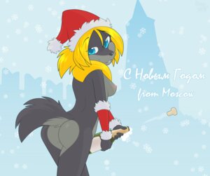 Rating: Questionable Score: 0 Tags: alcohol anthro beverage blonde_hair blue_eyes bottle breasts butt canid canine canis champagne christmas christmas_clothing christmas_headwear clothing container digital_media_(artwork) e621 english_text female hair hat hat_only headgear headgear_only headwear headwear_only helsy holding_bottle holding_container holding_object holidays lafille looking_back mammal mostly_nude nipples russian_text santa_hat solo tail text translated wolf User: bunchy7s