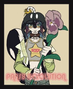 Rating: Safe Score: 0 Tags: 5_fingers anthro biped black_body black_border black_fur blue_hair border clothed clothing collar crop_top e621 ear_piercing english_text eyewear facial_piercing femboy fingers flower front_view fully_clothed fur glamfur glasses green_eyes hair hat headgear headwear holding_flower holding_object jacket kazuo lip_piercing male mammal mephitid midriff multicolored_hair pansy_(flower) piercing pink_hair plant propaganda raised_tail ringtail-du-jour shirt skunk slim_anthro slim_male sneakerfox solo standing striped_skunk tail text topwear violet_(flower) white_body white_fur User: bunchy7s