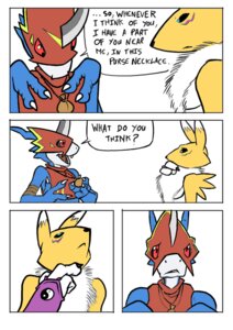 Rating: Questionable Score: 0 Tags: anthro apron armband armor armwear bandai_namco black_sclera blue_body blue_eyes blue_skin bridal_gauntlets canid canine chest_tuft claws clothing comic digimon digimon_(species) duo e621 english_text feet female flamedramon fur gadonstriom gift hindpaw horn jewelry male mammal nanogrrr necklace paws purse_necklace red_eyes renamon scalie simple_background standing text tuft white_background white_body white_fur yellow_body yellow_fur yin_yang User: bunchy7s