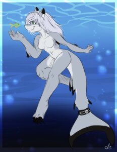 Rating: Safe Score: 0 Tags: 2013 anthro aquatic bell claws e621 female fish green_eyes grey_body grey_hair grey_skin hair hi_res hypnotickitten navel nude ryn_iiskra shark smile solo underwater water User: bunchy7s