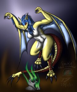 Rating: Questionable Score: 0 Tags: 2011 3_toes 5_fingers anthro blue_hair bone breasts claws dragon e621 feet female fingers hair long_hair membrane_(anatomy) membranous_wings mythological_creature mythological_scalie mythology non-mammal_breasts nude red_eyes scalie skull snowfyre solo tail toe_claws toes white_body wings yellow_body User: bunchy7s