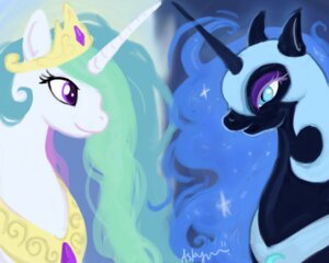 Rating: Safe Score: 0 Tags: 5:4 armor blue_eyes cosmic_hair crown duo e621 equid equine ethereal_hair eye_contact female feral friendship_is_magic hair hasbro headgear horn horse looking_at_another mammal multicolored_hair my_little_pony nightmare_moon_(mlp) pink_eyes pony princess_celestia_(mlp) pseudo_hair rainbow_hair simple_background toony unknown_artist User: bunchy7s