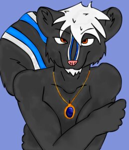 Rating: Safe Score: 0 Tags: anthro azure_(bluedude) blue_markings clothed clothing e621 facial_hair goatee hair jewelry male mammal markings mephitid necklace pendant skunk solo striped_skunk tail topless unknown_artist white_hair User: bunchy7s