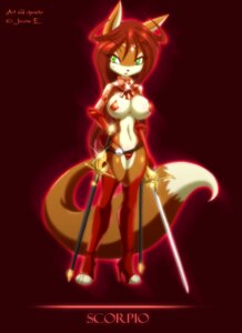 Rating: Questionable Score: 0 Tags: anthro armlet armor belt big_breasts biped boots breasts canid canine chausses clothed clothing copper_armor e621 female fluffy fluffy_tail footwear fox full-length_portrait gloves gorget green_eyes hair handwear high_heeled_boots high_heels holding_melee_weapon holding_object holding_sword holding_weapon jewelry legwear mammal matypup melee_weapon metal_pasties name_drop navel necklace pasties personification portrait rapier red_background scabbard scorpio_(zodiac) shoes simple_background skimpy solo sword tail thick_thighs thigh_boots thigh_highs thong toeless_boots toeless_footwear unconvincing_armor underwear vambrace weapon western_zodiac User: bunchy7s