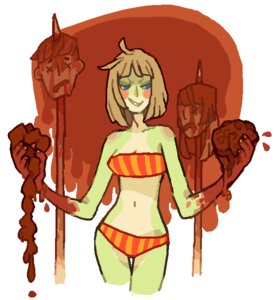 Rating: Questionable Score: 0 Tags: amphibian blood blue_eyes bodily_fluids brain brown_hair clothed clothing covered_in_blood decapitation e621 fangs female frog frogela gore green_body green_skin guts hair intestines melee_weapon navel organs polearm severed_body_part severed_head skimpy solo spear teeth underwear weapon yolk_(artist) User: bunchy7s