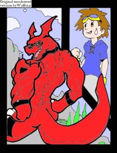 Rating: Questionable Score: 0 Tags: bandai_namco claws color_edit colored digimon digimon_(species) dragon duo e621 facial_markings fangs fdinasty grin guilmon head_markings human macro male mammal markings muscular mythological_creature mythological_scalie mythology nude pose rear_view scalie size_difference smaller_human smile standing tail takato_matsuki teeth third-party_edit wolfstar yellow_eyes User: bunchy7s