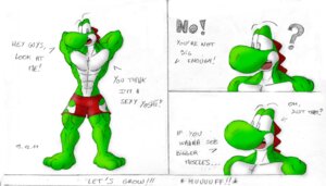 Rating: Questionable Score: 0 Tags: anthro dinosaur e621 english_text green_yoshi growth growth_sequence hi_res male mario_bros mctaylis muscle_growth muscular muscular_anthro muscular_male nintendo prehistoric_species question_mark reptile scalie size_transformation solo text transformation yoshi User: bunchy7s