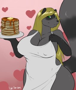 Rating: Questionable Score: 0 Tags: 2014 anthro apron apron_only big_breasts blonde_hair breasts cleavage clothed clothing curvy_figure digital_media_(artwork) e621 female food green_eyes hair heart_symbol long_hair looking_at_viewer mammal mature_anthro mature_female mostly_nude naomi_rasputin nightfaux nipple_outline pancake pose procyonid raccoon skimpy solo tail voluptuous wide_hips User: bunchy7s
