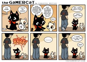 Rating: Safe Score: 0 Tags: :< age_difference ambiguous_gender black_hair bodily_fluids cd comic dialogue disk domestic_cat e621 ellipsis english_text felid feline felis feral gamercat_(character) glitch_(the_gamercat) grid_layout hair happy human humor joke male mammal open_mouth samantha_whitten scarf six_frame_image size_difference smile speech_bubble tail text the_gamercat tongue url vomit vomiting vomiting_on_ground whiskers young young_ambiguous young_feral User: bunchy7s