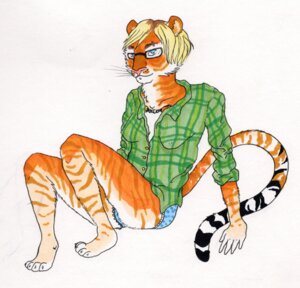 Rating: Safe Score: 0 Tags: anthro blue_eyes e621 eyewear facial_piercing felid female glasses leeurex lip_piercing looking_at_viewer mammal pantherine piercing smile solo stripes tail tiger User: bunchy7s