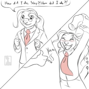 Rating: Safe Score: 0 Tags: 1:1 2013 absurd_res accessory anthro big_eyes blush chibi classy clothed clothing duo e621 english_text excited eyewear fully_clothed glasses hair hi_res impression male mammal mustelid nateday necktie open_mouth otter ponytail scott_otter shirt simple_background sketch smile suit text tongue topwear vest yay User: bunchy7s