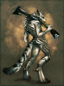 Rating: Questionable Score: 0 Tags: 3:4 abstract_background ambiguous_gender anthro battleguppy black_body black_fur boreala_sparkforge butt charr claws dewclaw digitigrade e621 engineer_(guild_wars) felid fur guild_wars gun holding_gun holding_object holding_ranged_weapon holding_weapon looking_at_viewer looking_back mammal nude pinup pose ranged_weapon rifle simple_background solo stripes toe_claws weapon white_body white_fur User: bunchy7s