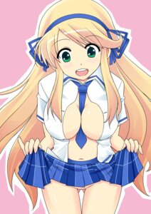 Rating: Questionable Score: 0 Tags: 1girls between_breasts blonde_hair blush breasts cleavage female green_eyes hair_ribbon highres huge_breasts katsuragi_(senran_kagura) kunisaki_kei large_breasts long_hair navel necktie necktie_between_breasts no_bra no_panties open_clothes open_mouth open_shirt ribbon rule34 school_uniform senran_kagura simple_background skirt skirt_lift smile solo striped striped_skirt thigh_gap white_background User: bunchy7s