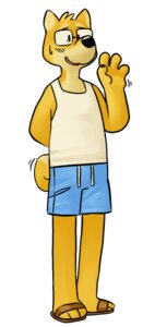 Rating: Safe Score: 0 Tags: 3_toes anthro black_nose bottomwear canid canine canis clothing domestic_dog e621 eyewear feet footwear glasses male mammal nervous sandals shirt shoes shorts solo tank_top toes topwear vasuki User: bunchy7s