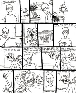 Rating: Safe Score: 0 Tags: absurd_res black_and_white comic e621 english_text equid equine feathered_wings feathers female feral friendship_is_magic hasbro hi_res human male mammal monochrome my_little_pony mythological_creature mythological_equine mythology pegasus rainbow_dash_(mlp) ricedawg simple_background text white_background wings User: bunchy7s