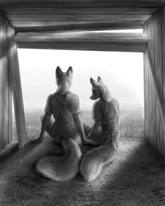 Rating: Safe Score: 0 Tags: 2014 4:5 ambiguous_gender anthro canid canine claws clothed clothing detailed duo e621 fluffy fluffy_tail fully_clothed furgonomics grass greyscale male mammal monochrome outside plant rear_view rukis shirt simple_background sitting sketch tail tail_clothing topwear white_background User: bunchy7s