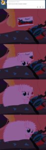 Rating: Safe Score: 0 Tags: 2013 arthropod bed bedding blanket blue_eyes changeling_(mlp) comic duo e621 earth_pony english_text equid equine eyes_closed fan_character female feral fluffle_puff friendship_is_magic fur furniture green_hair hair hasbro hi_res horn horse licking mammal mixermike622 my_little_pony pillow pink_body pink_fur pink_hair pinup pony pose queen_chrysalis_(mlp) royalty sleeping text tongue tongue_out tumblr User: bunchy7s