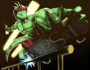 Rating: Safe Score: 0 Tags: 2008 abs accessory action_pose anthro athletic beverage biceps bottomwear clothed clothing e621 electronics food forked_tongue green_body green_skin grinding_(extreme_sports) guana headband headgear headphones headset iguana iguanid jewelry lizard looking_away male muscular muscular_anthro necklace pecs pose railing reptile rick_griffin scales scalie shorts skateboard skateboarding sobe solo tongue tongue_out topless vehicle yellow_eyes yin_yang User: bunchy7s