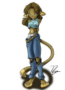 Rating: Safe Score: 0 Tags: anthro belt bottomwear clothing e621 felid female green_eyes hands_behind_back mammal midriff pants pilot_(artist) simple_background solo tail torn_clothing white_background User: bunchy7s