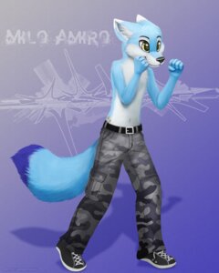 Rating: Safe Score: 0 Tags: 2014 4:5 anthro belt biped blue_body blue_fur bottomwear camo canid canine canis clothed clothing digital_media_(artwork) e621 fur hi_res jamesfoxbr male mammal martial_arts pants pose shaded simple_background solo standing wolf User: bunchy7s