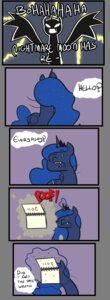 Rating: Safe Score: 0 Tags: 2011 afroquackster alpha_channel blue_body blue_feathers blue_fur blue_hair comic crown dialogue e621 electricity english_text equid equine fangs feathered_wings feathers female feral friendship_is_magic frown fur glowing green_eyes hair hasbro headgear hi_res horn lightning long_hair looking_at_viewer looking_back magic mammal my_little_pony mythological_creature mythological_equine mythology open_mouth princess_luna_(mlp) royalty smoke solo teeth text winged_unicorn wings User: bunchy7s