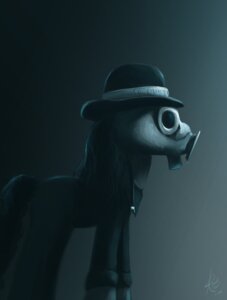 Rating: Safe Score: 0 Tags: black_hair bowler_hat clothed clothing e621 earth_pony equid equine fan_character feral gas_mask hair hasbro hat hat_band headgear headwear hi_res horse jacket male mammal mask my_little_pony pony quadruped raikoh-illust simple_background solo tail topwear User: bunchy7s
