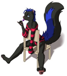 Rating: Safe Score: 0 Tags: anthro blue_eyes candy chair clothed clothing color_contrast concession crossdressing dessert e621 femboy food furniture lollipop male mammal mephitid nicole_o'connor nx-42 pawpads paws pink_tongue skunk solo striped_skunk sweater tail tongue topwear wood wood_chair wood_furniture User: bunchy7s