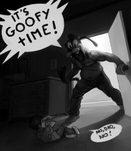 Rating: Questionable Score: 0 Tags: abuse animal_mask anthro bad_parenting belt child clothed clothing costume detailed_background dialogue digital_media_(artwork) disguise disney doorway duo e621 english_text fursuit goofy_(disney) goofy_time grandfathered_content greyscale hood human human_only imminent_violence insane inside male mammal mask monochrome nightmare_fuel not_furry size_difference standing text the_parking_lot_is_full unknown_artist young young_human young_male User: bunchy7s