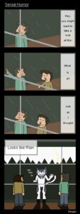 Rating: Safe Score: 0 Tags: ambiguous_gender comic digital_media_(artwork) e621 eyebrows human humor inside male mammal oekaki rain_silves raining sergaelic sergal tail window User: bunchy7s