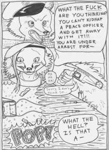 Rating: Questionable Score: 0 Tags: anthro black_and_white canid canine canis clothed clothing comic dialogue duo e621 electroshock_weapon english_text fox fur gun hat headgear headwear male mammal monochrome pen_(artwork) police police_hat profanity ranged_weapon stun_gun text traditional_media_(artwork) triadfox weapon wolf User: bunchy7s
